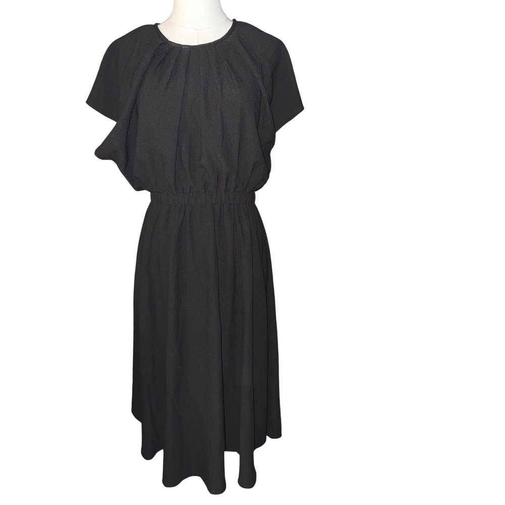 Entro Womens‎ Black Pleated Neck Elastic Waist Midi Dress Large Short Sleeve